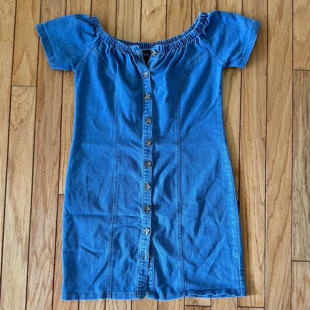 Love by Chesley M Blue Denim Button Down Off Shoulder Dress Elastic Waist - Picture 3 of 10